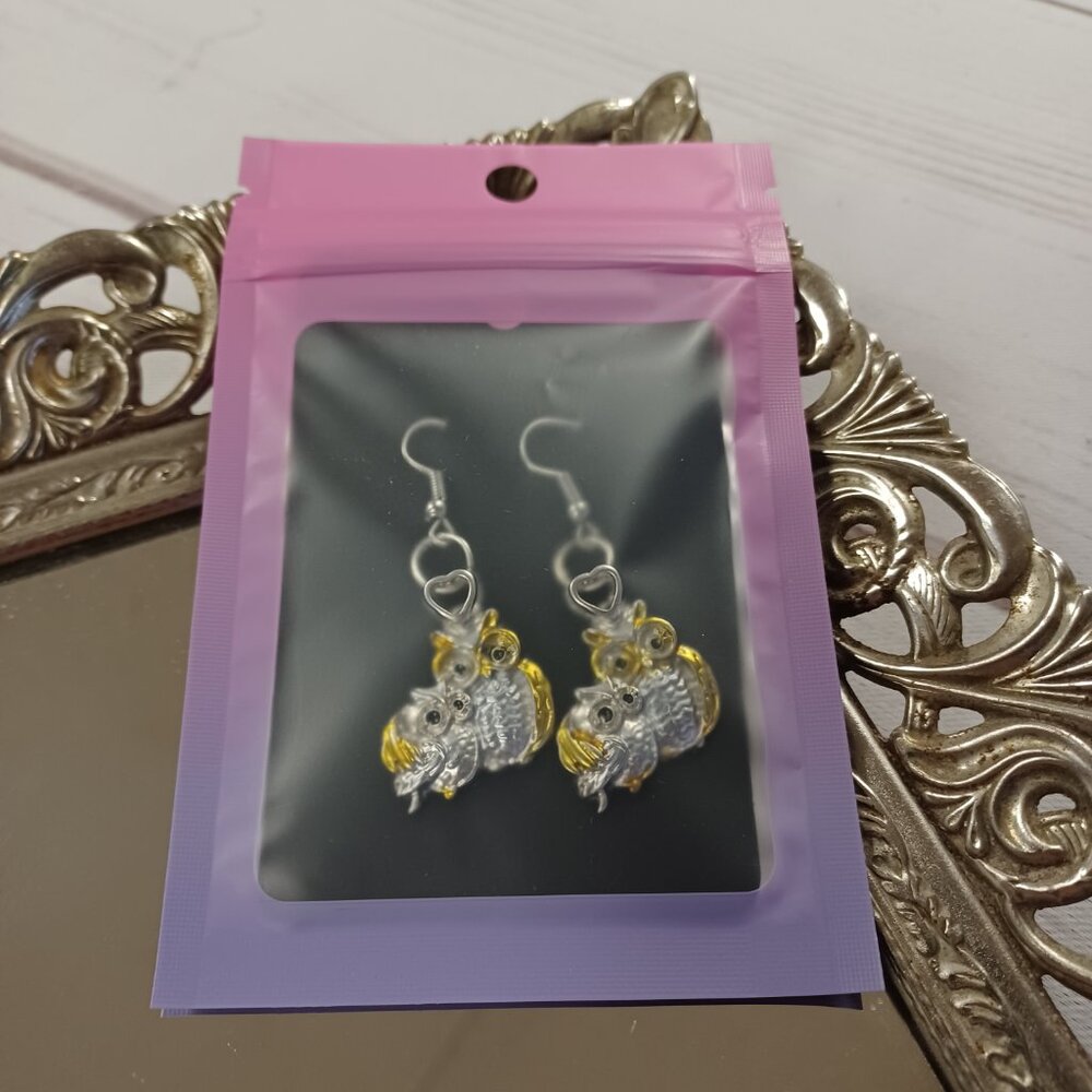 MOTHER DAUGHTER OWLS MOM AND BABY Two Toned Silver Gold Metal Dangle Earrings - Picture 6 of 6